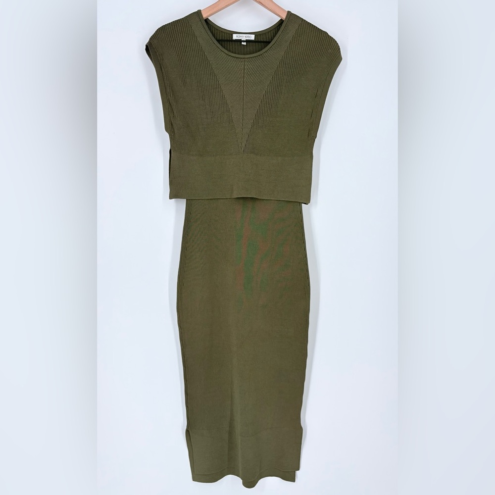 Ronny Kobo Green Knit Fitted Ribbed Cocktail Midi Dress